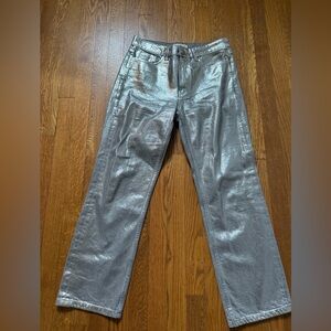 Mango woman’s high rise Shiny Silver Straight Jeans